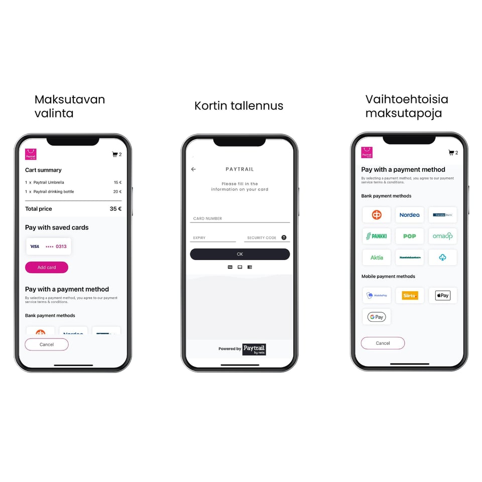 MobileSDK näyttökuvia mobiilimaksamisesta