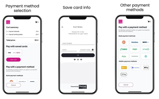 Mobile payment flow with Paytrail: method selection, card info saving, and alternative payment options