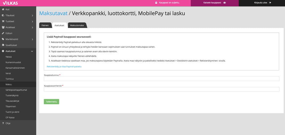 Vilkas paytrail maksutapojen lisääminen verkkokauppaan