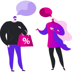 Illustration of two people talking, one holding a percentage discount bag