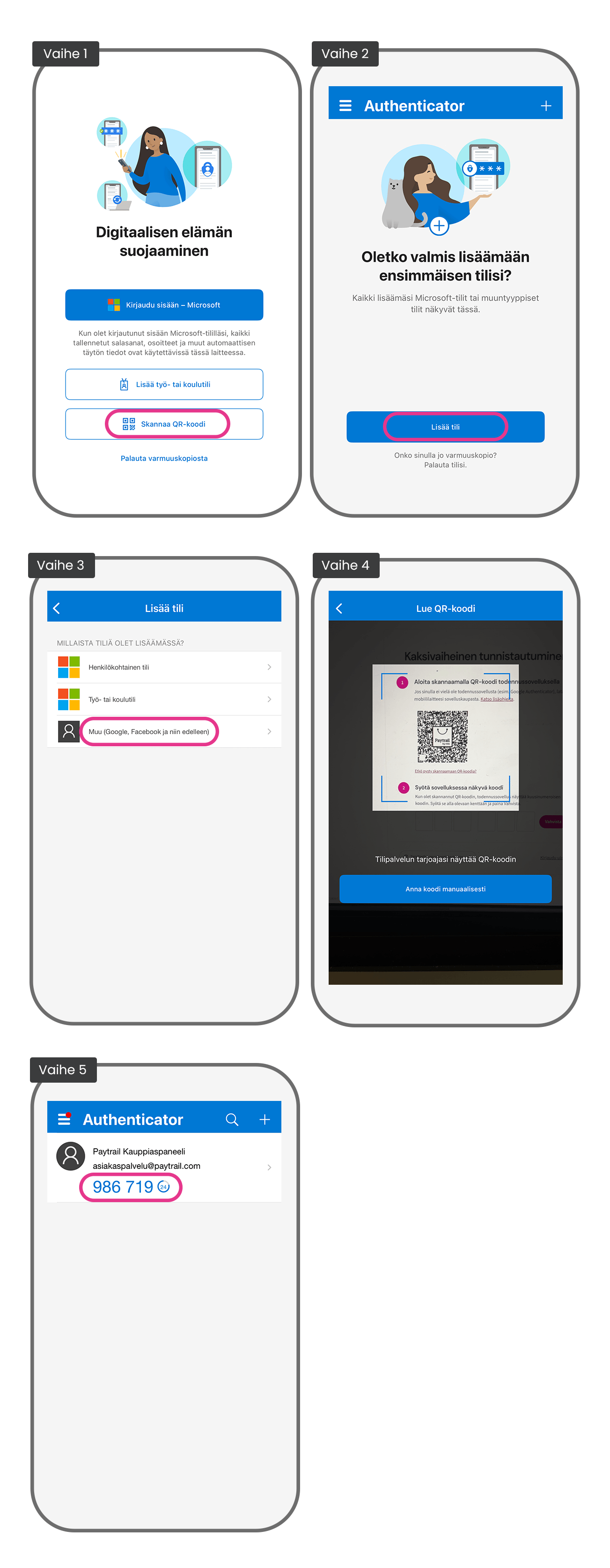Microsoft Authenticatorin käyttöönotto kaksivaiheiseen tunnistautumiseen Kauppiaspaneelissa