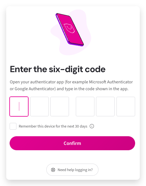Screenshot of Paytrail Merchant panel 2FA sign-in screen with a six-digit verification code field from the authentication app