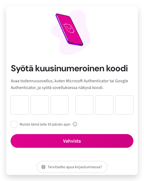 Kuvakaappaus Paytrailin Kauppiaspaneelin 2FA-kirjautumisnäkymästä, jossa näkyy kuusinumeroisen vahvistuskoodin kenttä todennussovelluksesta