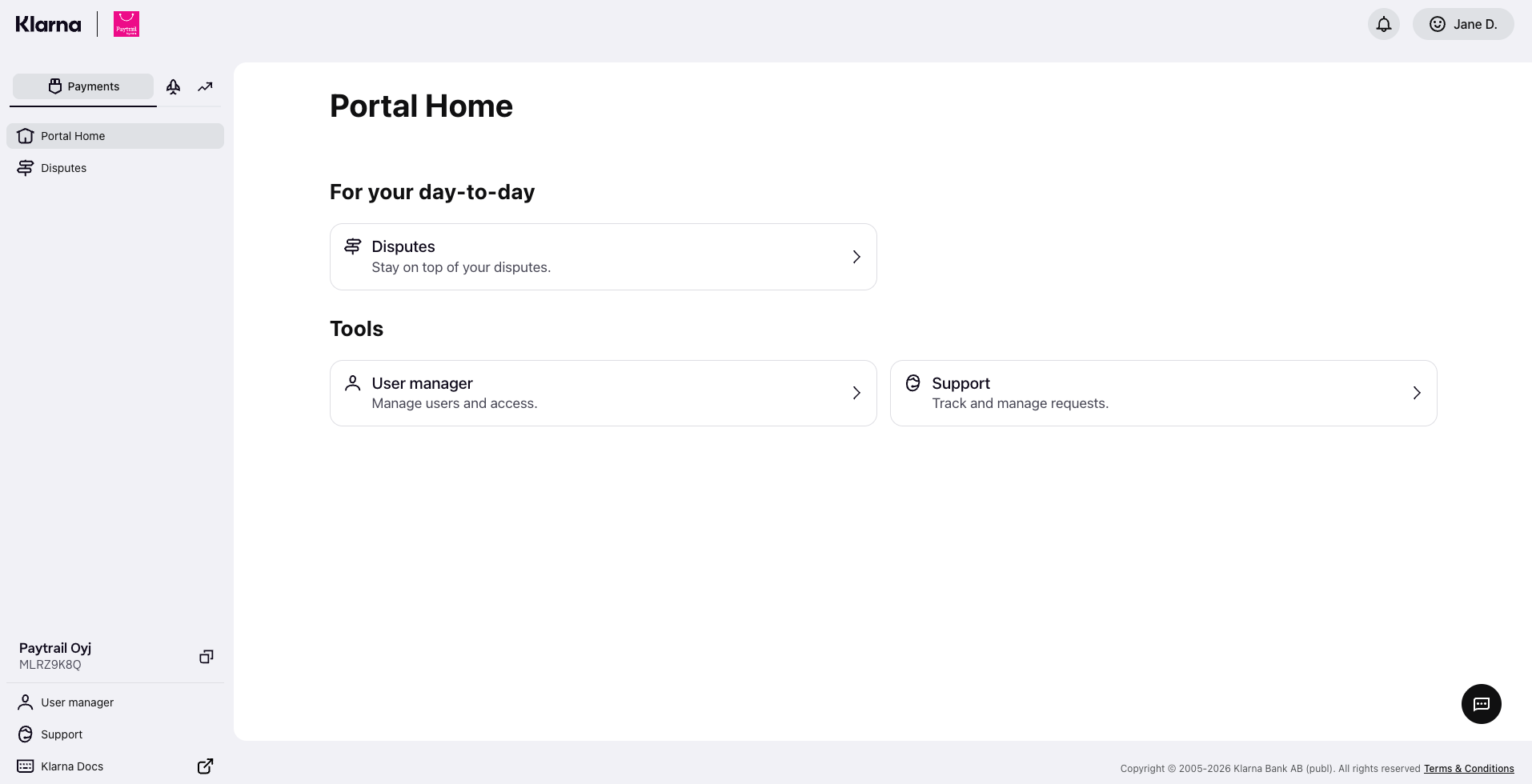 Klarna Partner Portal overview showing Payments home view and navigation
