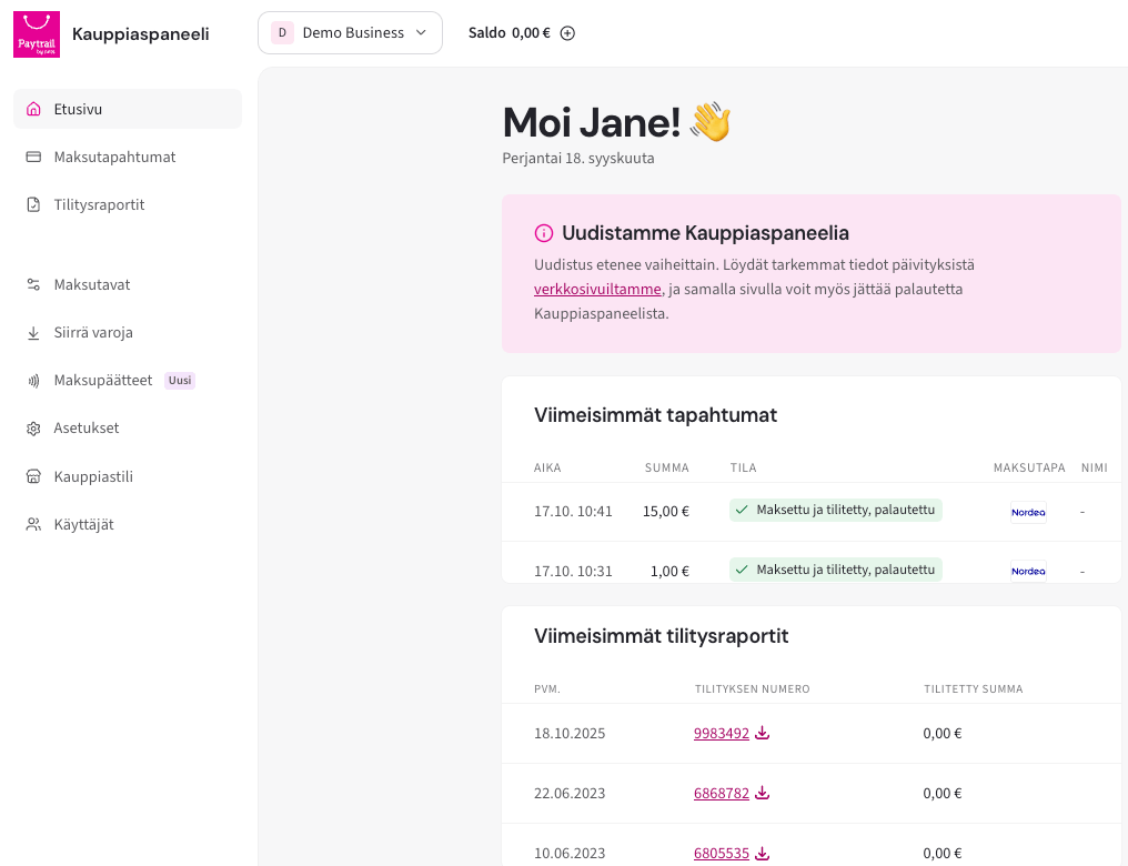 Kauppiaspaneelin etusivun tilitysraporttien listaus päivämäärineen, tilitysnumeroineen ja tilityssummineen