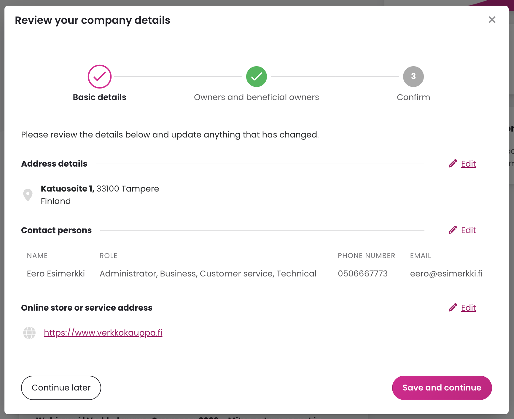 Reviewing company basic details and contact information in the Merchant panel