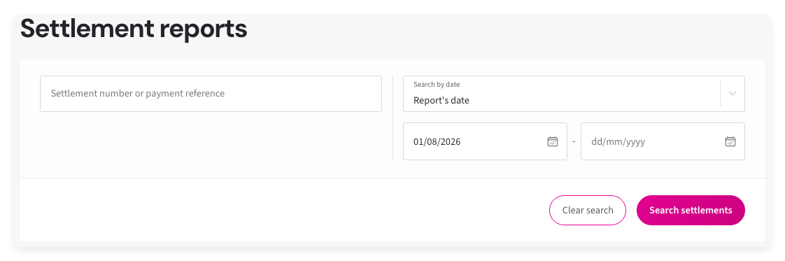 Search view in the Merchant panel showing filters for settlement date, report date, settlement number and custom date ranges, along with a list of matching settlement reports.