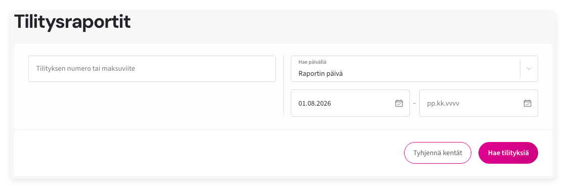 Kauppiaspaneelin tilitysraporttien hakunäkymä, jossa näkyvät hakukentät tilityspäivälle, raporttipäivälle, tilitysnumerolle ja päivämäärävälille sekä haun tuloksena löytyneet tilitysraportit