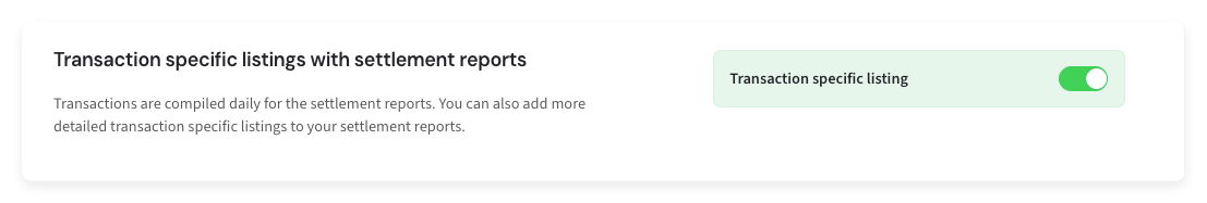 Merchant Panel settings view where transaction-specific details can be enabled for settlement reports.