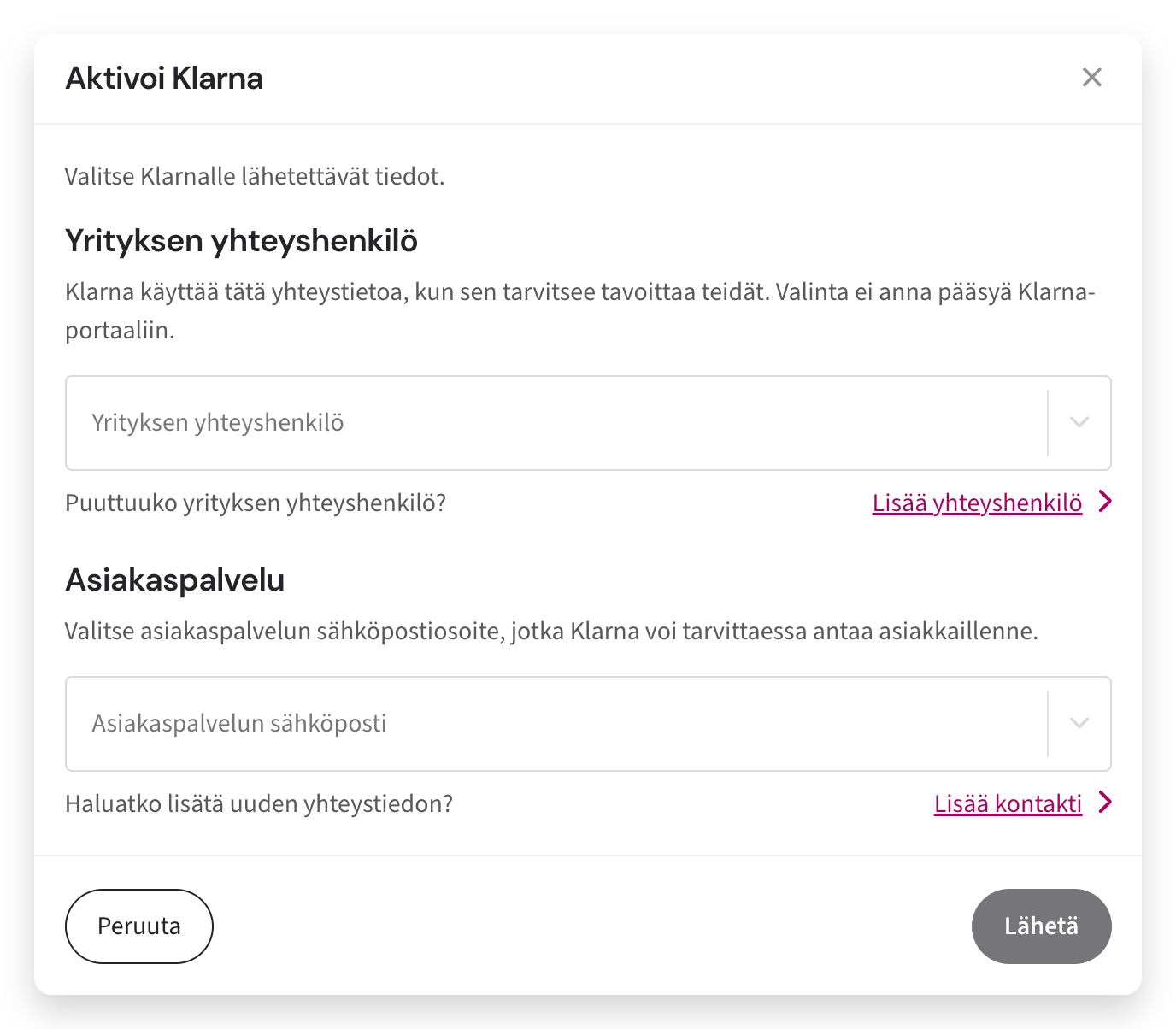 Klarna-aktivointinäkymä Kauppiaspaneelissa, jossa näkyvät ylläpitäjän ja asiakaspalvelun sähköpostikentät.