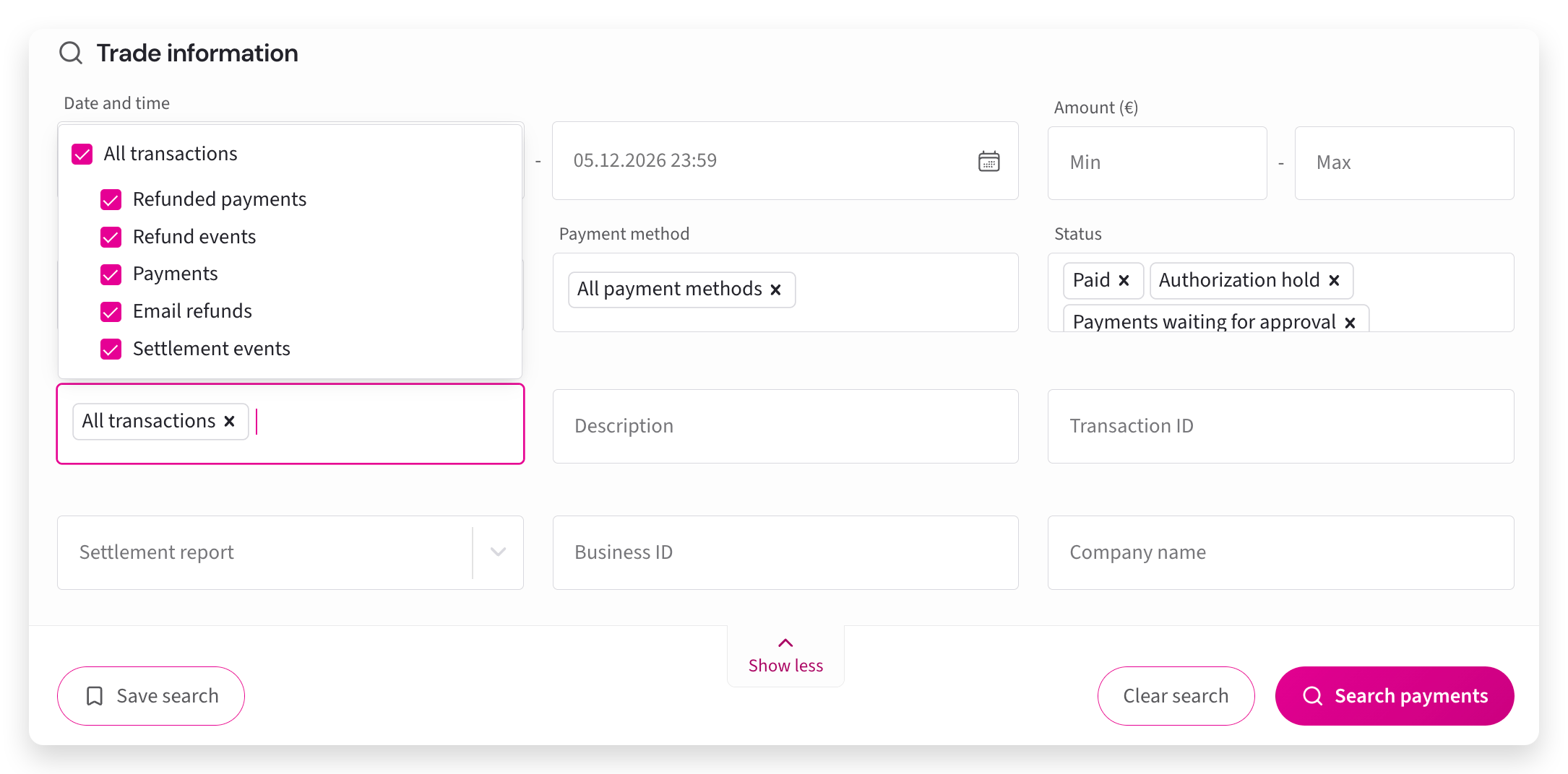 Filter options for payment event types in the Payments view