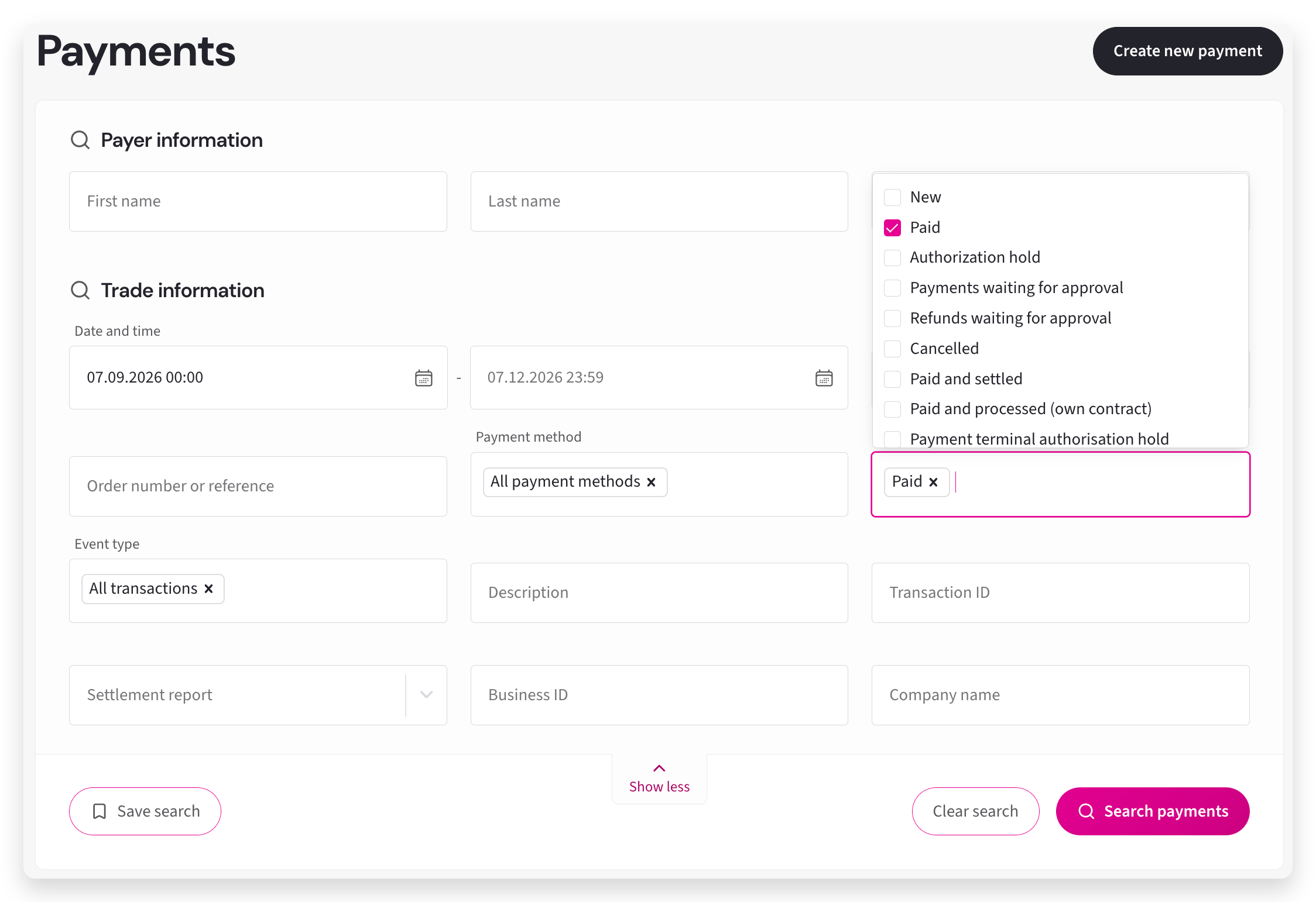 Payments view with advanced filters open, showing the Status field dropdown where Paid is selected.