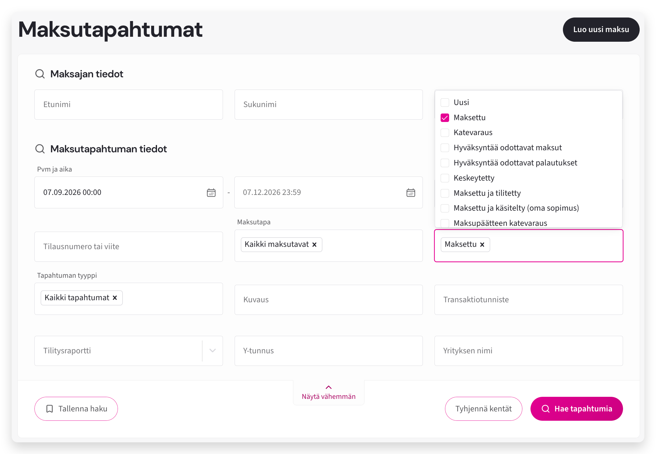 Maksut-näkymä, jossa lisäsuodattimet on avattu ja Tila-valikossa näkyy valittuna Maksettu.